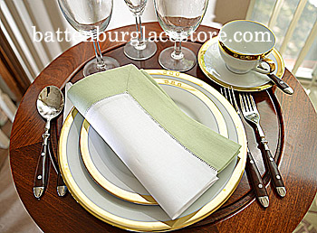 White Hemstitch Dinner Napkin with Tender Green border